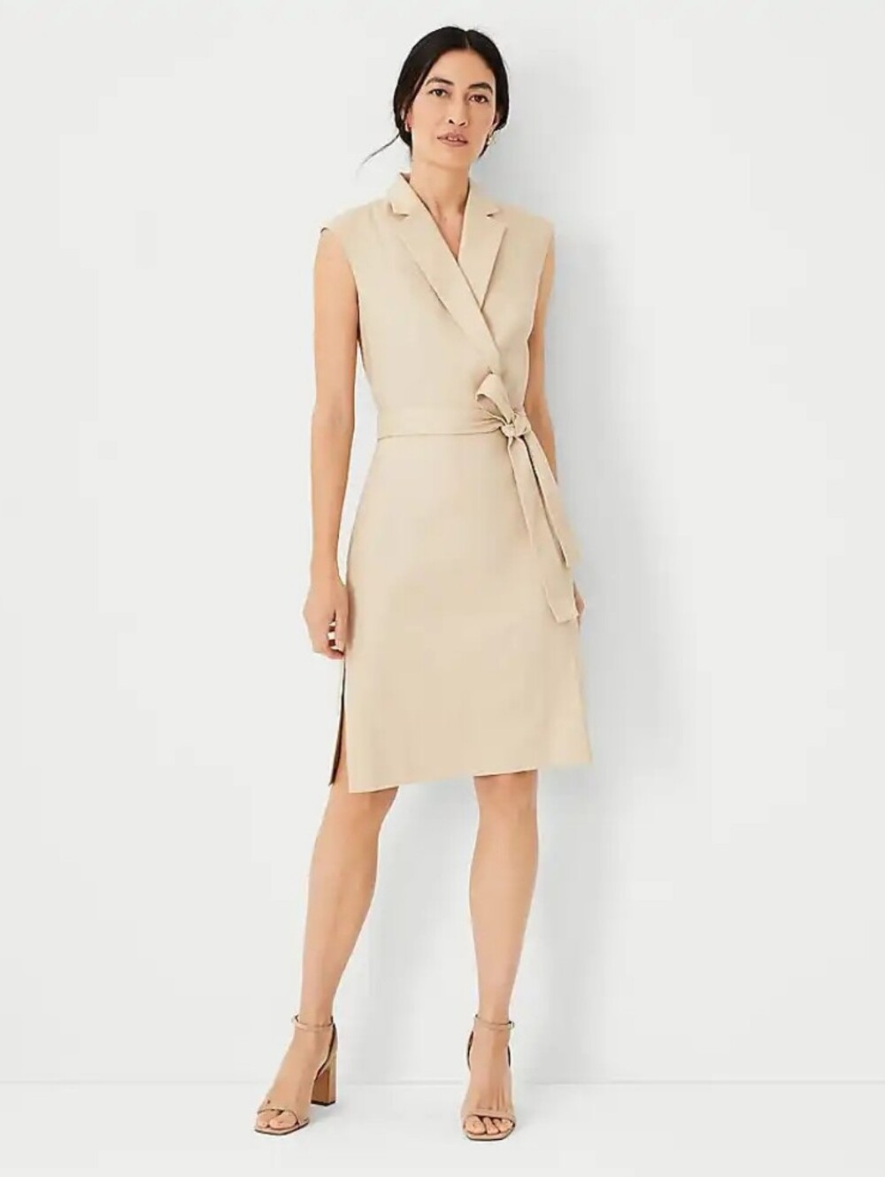 Ann Taylor The Notched Collar Tie Waist Dress in Herringbone Linen Blend Size 16